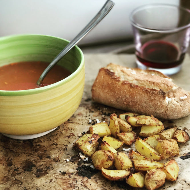 Rosemary Potatoes with Tomato soup and a baguette