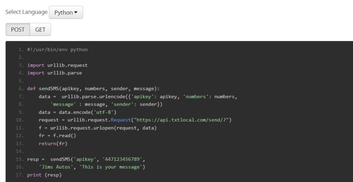 best SMS API in the UAE | code snippet from SMS API of TextLocal