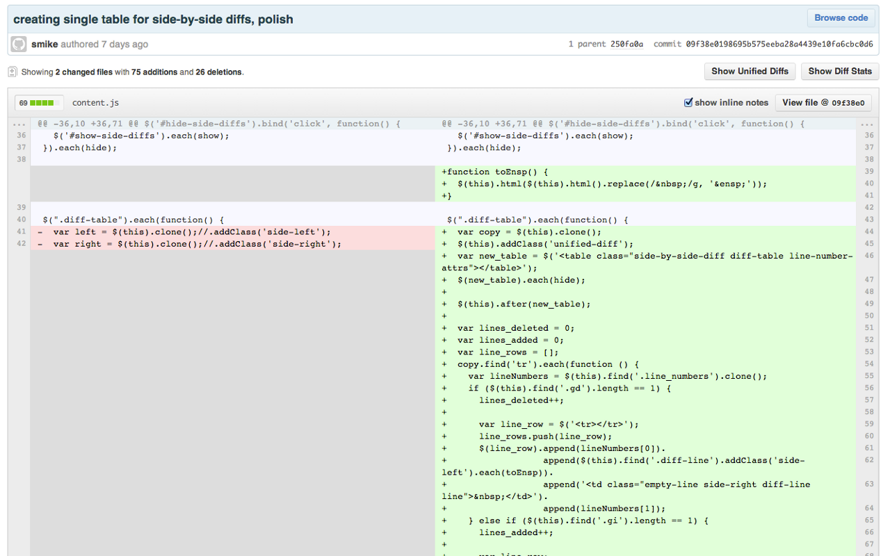 Side-by-side diff view in Github Preview image 0