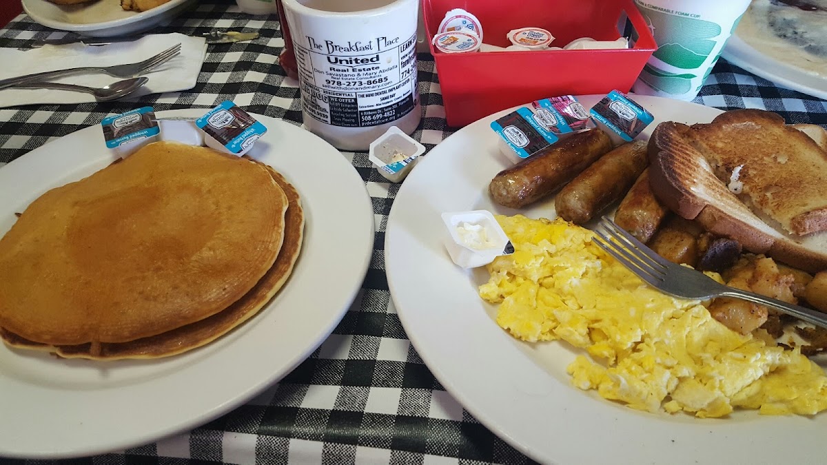 Gf pancakes,  gf toast,  hashbrowns,  sausage,  and eggs! So much yumminess!