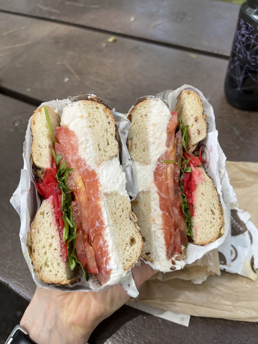 vegan cream cheese (tofu), onion, arugula, salmon on vegan bagel