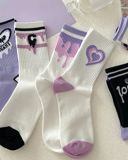 Women Cotton Socks Purple Heart Print Middle Tube Sock Am... - 0