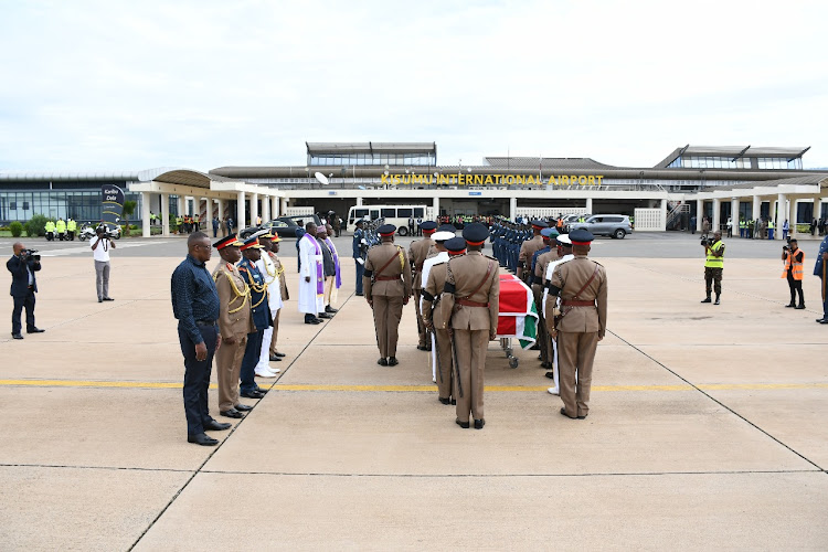The body of CDF Francis Ogolla arrives at Kisumu International Airport on Sunday, April 21, 2024.