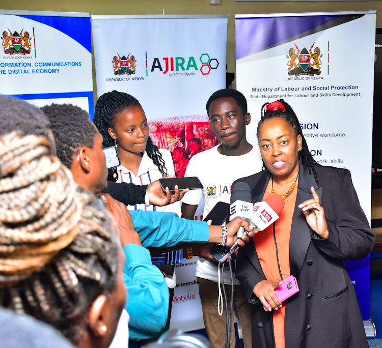 Secretary Skills Development, State Department for Labour and Skills Development Dr. Wanjiru Kariuki addressing the media at NSSF Building in Nairobi during the launch of the National Online Employment Skills Development Program