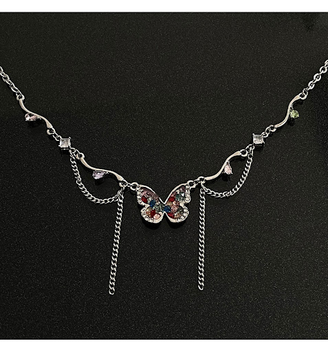 Title 4, Colorful Crystals Butterfly Irregular Tassel Ne...