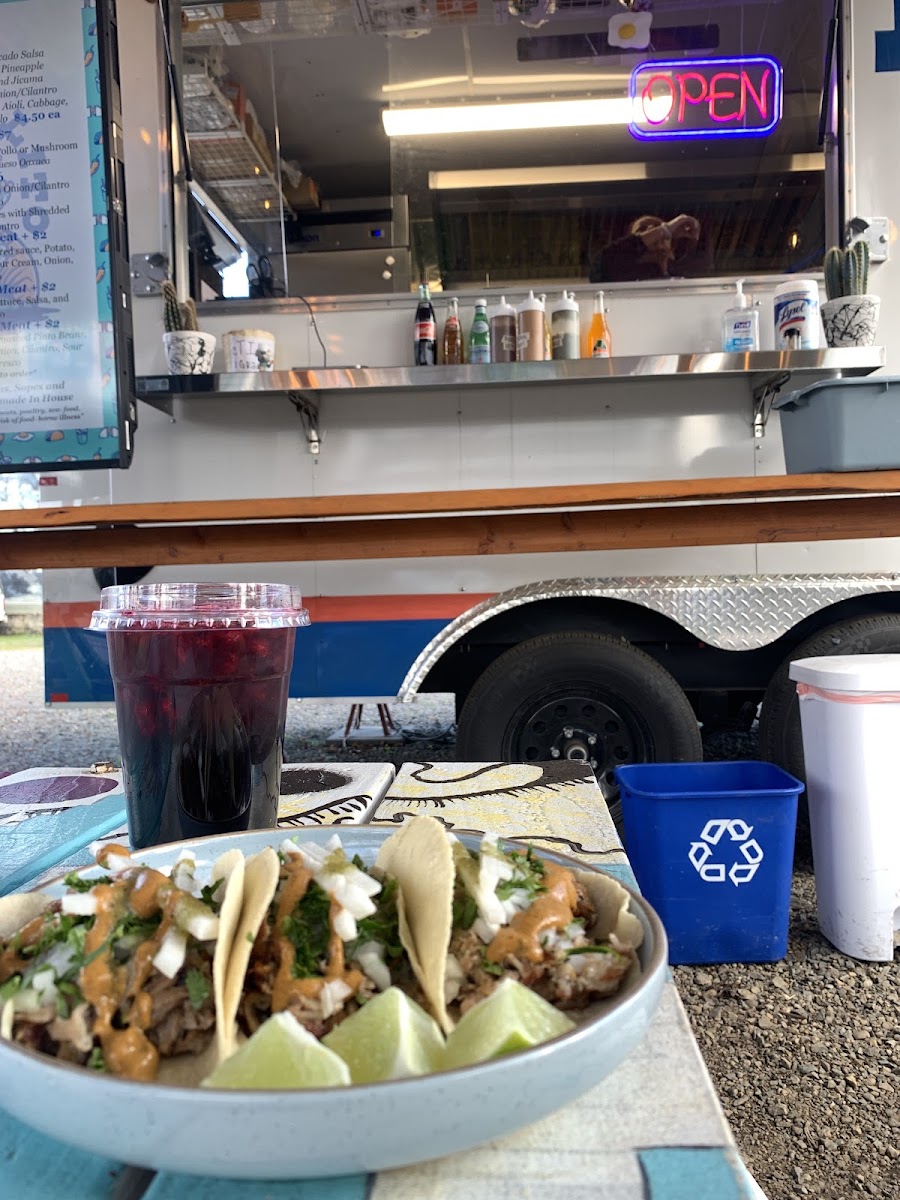 Cochinita Pibil tacos and Hibiscus Mint Agua Fresca.