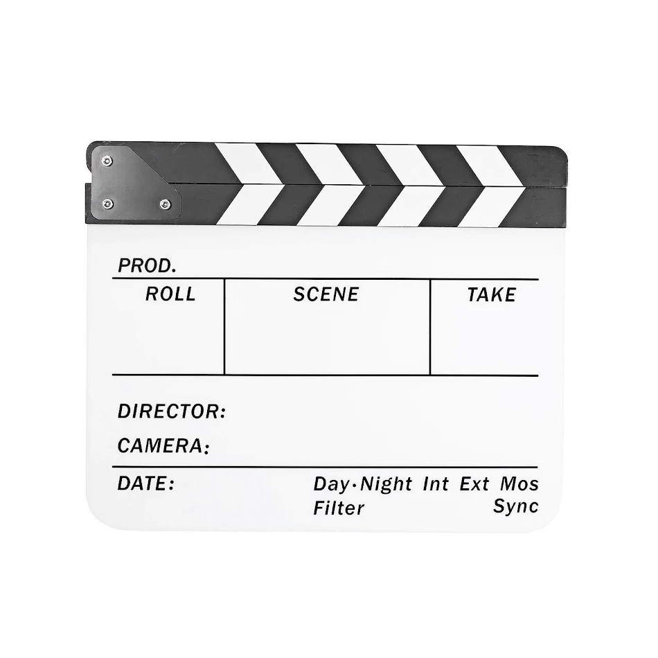 Clapboard Professionnel Acrylique Noir et Blanc, Tableau Anglais. Accessoire Indispensable pour le Tournage de Films et Vidéos. Robuste et Précis.