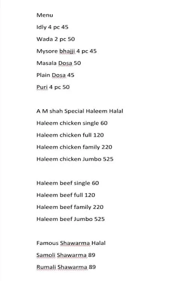Bismillah Tiffin Center menu 
