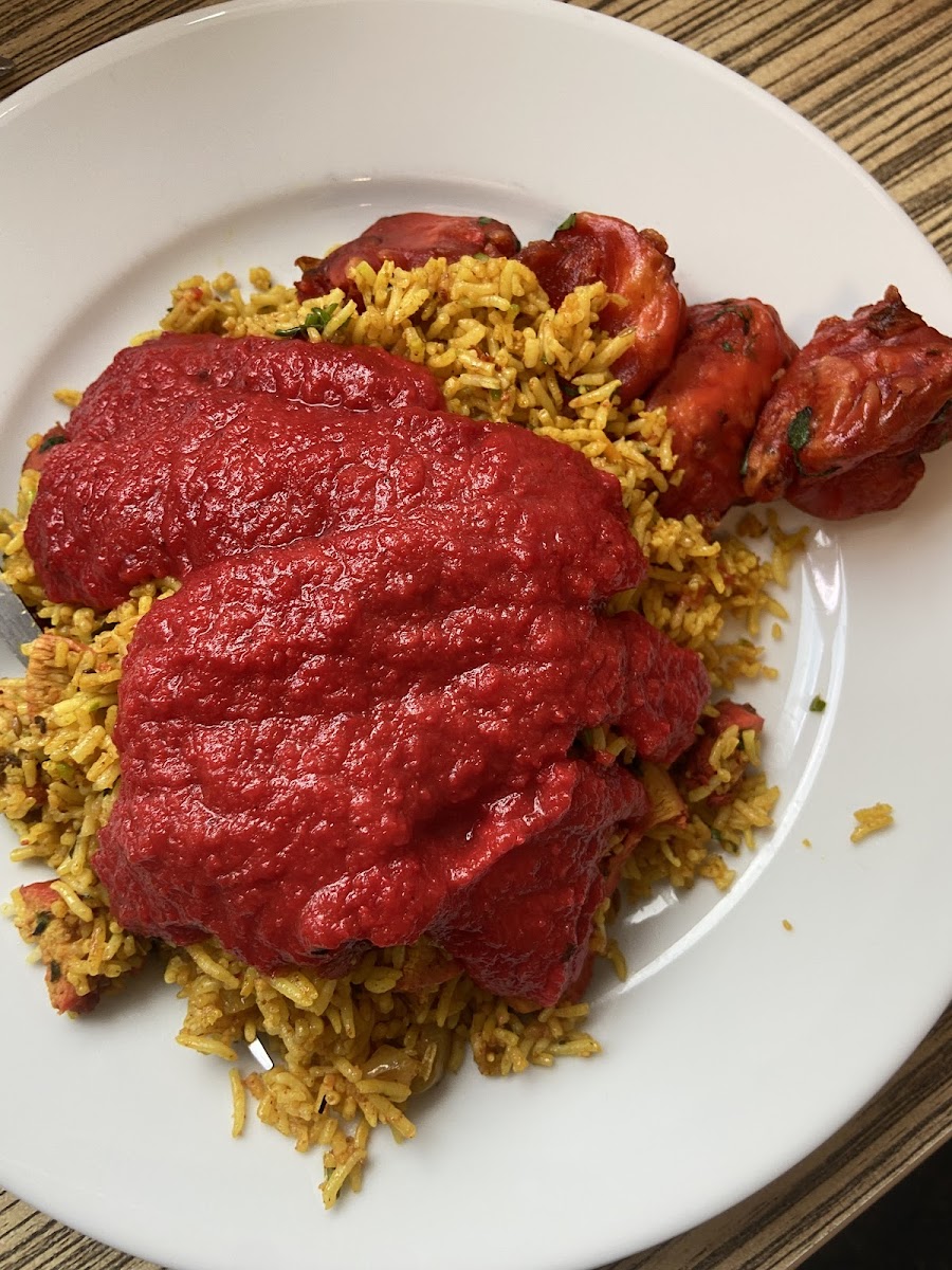 Chicken biryani (with masala sauce) and chicken pakora starters