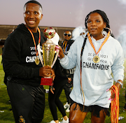 Andile Mpisane with Shauwn Mkhize of Royal AM FC during the GladAfrica Championship 2020/21 game between Royal AM and Cape Town All Stars at Chatsworth Stadium on 23 May 2021 