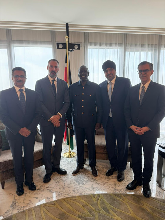 Sultan Allana (far left), Prince Rahim Aga Khan, President William Ruto (centre), Raghbir Chatte and Suleiman Shahabuddin (far right) during a meeting in Dubai on February 11, 2024.