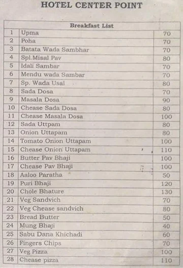 Hotel Centre Point menu 