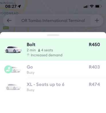 Bolt prices for a trip to Johannesburg's OR Tambo International Airport.