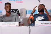 South African athlete Anaso Jobodwana and American sprinter Justin Gatlin during a media conference at the Premium Hotel on March 07, 2018 in Pretoria, South Africa. Gatlin, the reigning world 100m champion, will participate in the second leg of the inaugural Liquid Telecom Athletix Grand Prix in Pretoria on Thursday March 08, 2018. 