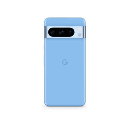 Vues avant et arrière du Pixel 8 Pro, couleur Bleu Azur. L'écran frontal affiche un nuage de couleurs.