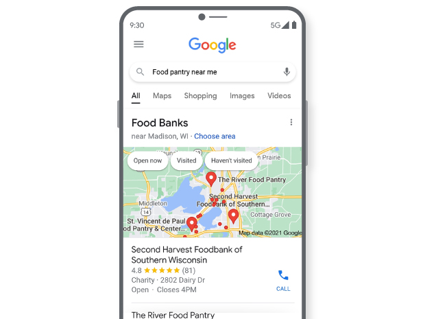 An image of a phone shows the results for a Google search: "food pantry near me." Several pins appear on a map.