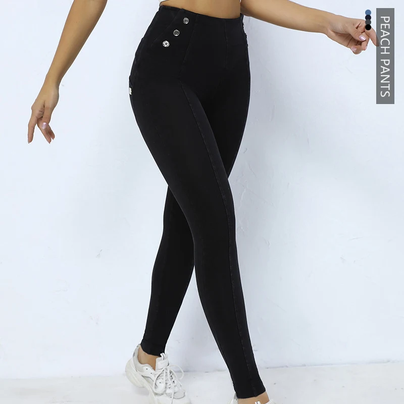 Pantalon de yoga Skinny à bouton latéral, effet liftant pour les hanches, pour le fitness féminin. Confort et silhouette galbée assurés.