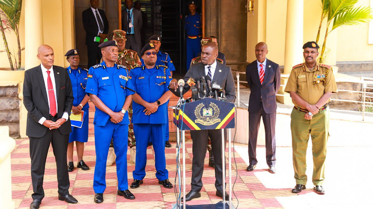 Nairobi Governor Johnson Sakaja speaks after meeting with IG Japeth Koome and other top police officers on Monday to discuss insecurity in Nairobi.