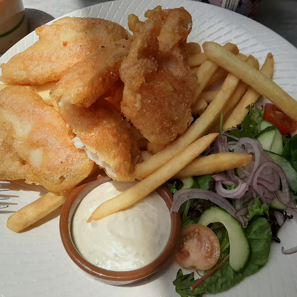 Fish and chips (full size). Gluten free and absolutely delicious.