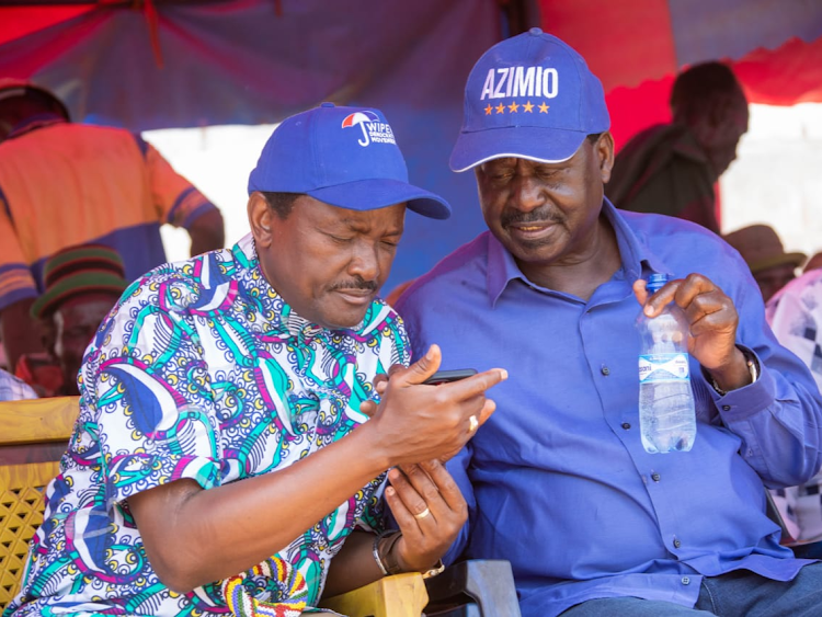 Azimio la Umoja One-Kenya principal Kalonzo Musyoka with principal Raila Odinga during a campaign rally in Turkana, April 4, 2022