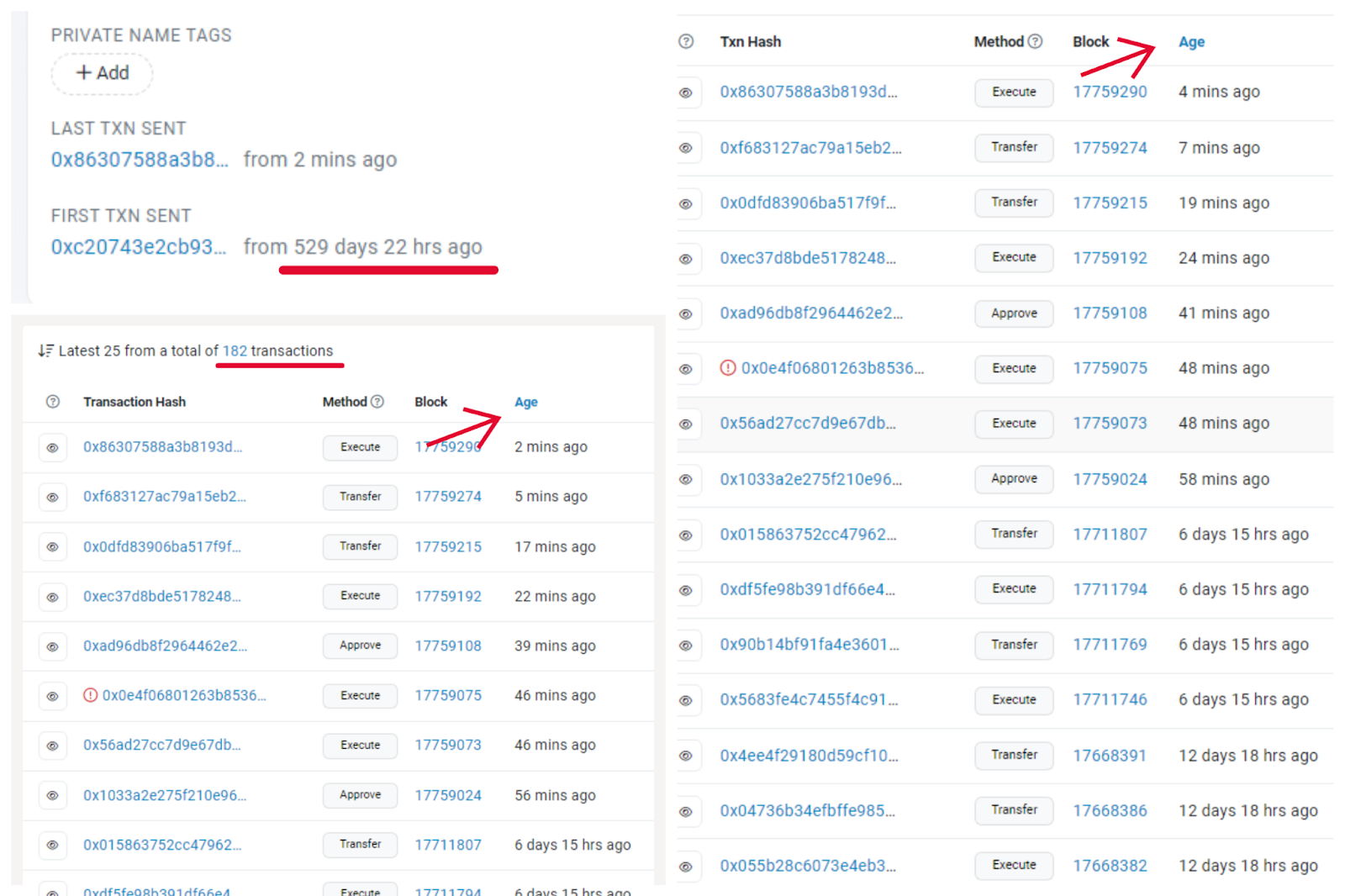 A screenshot showing the sporadic activity of a wallet address on Ethereum 