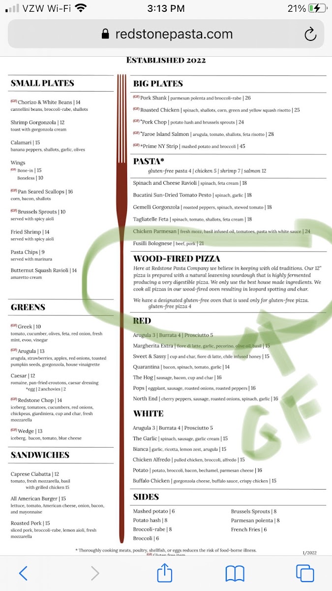 Redstone Pasta Company inc. gluten-free menu