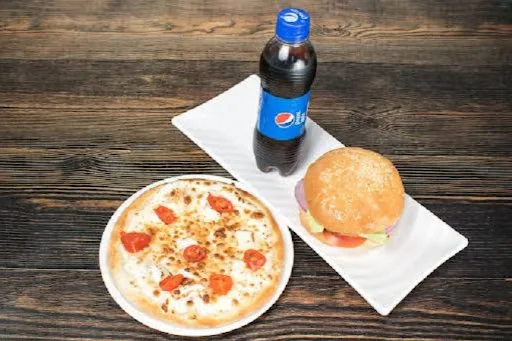 Veg Pizza[Medium 6 Slice] + Veg Burger+ Cold Drink 250Ml