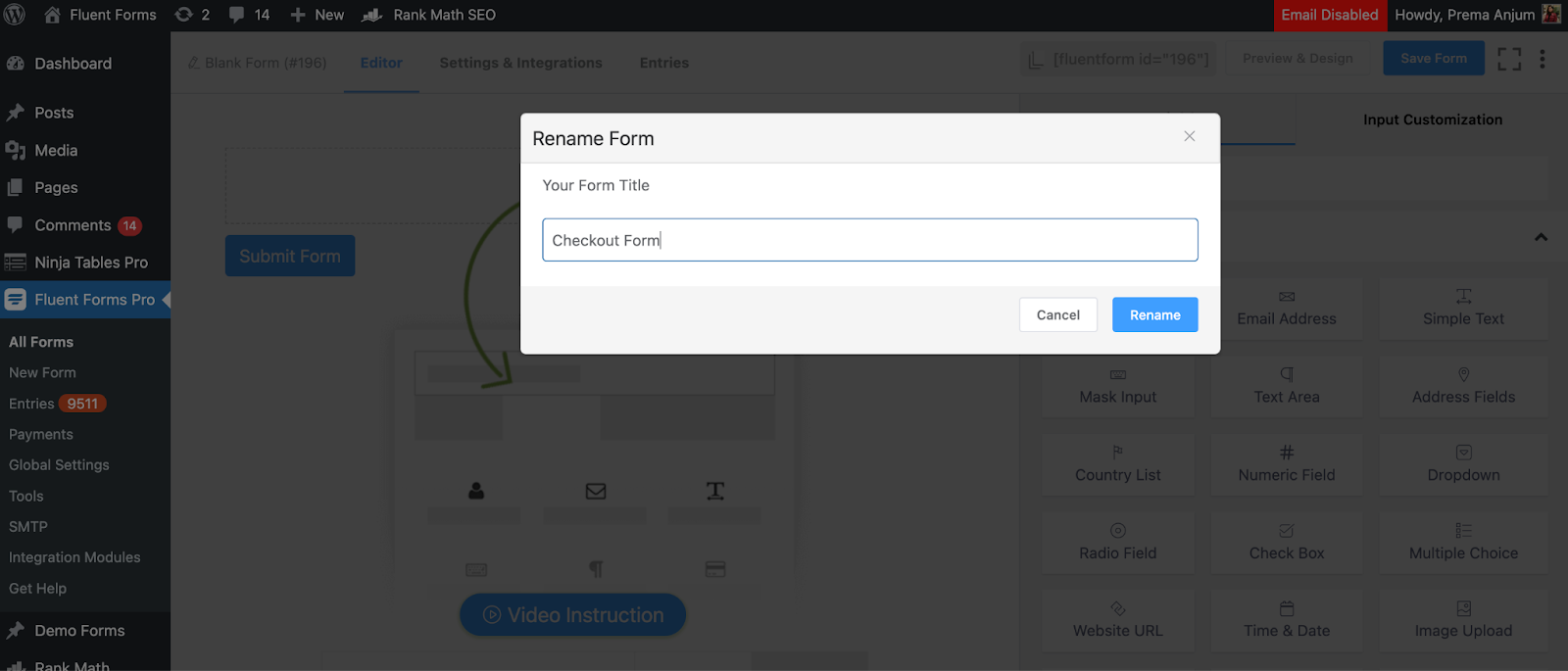 Give a name to your form with Fluent Forms, plugin