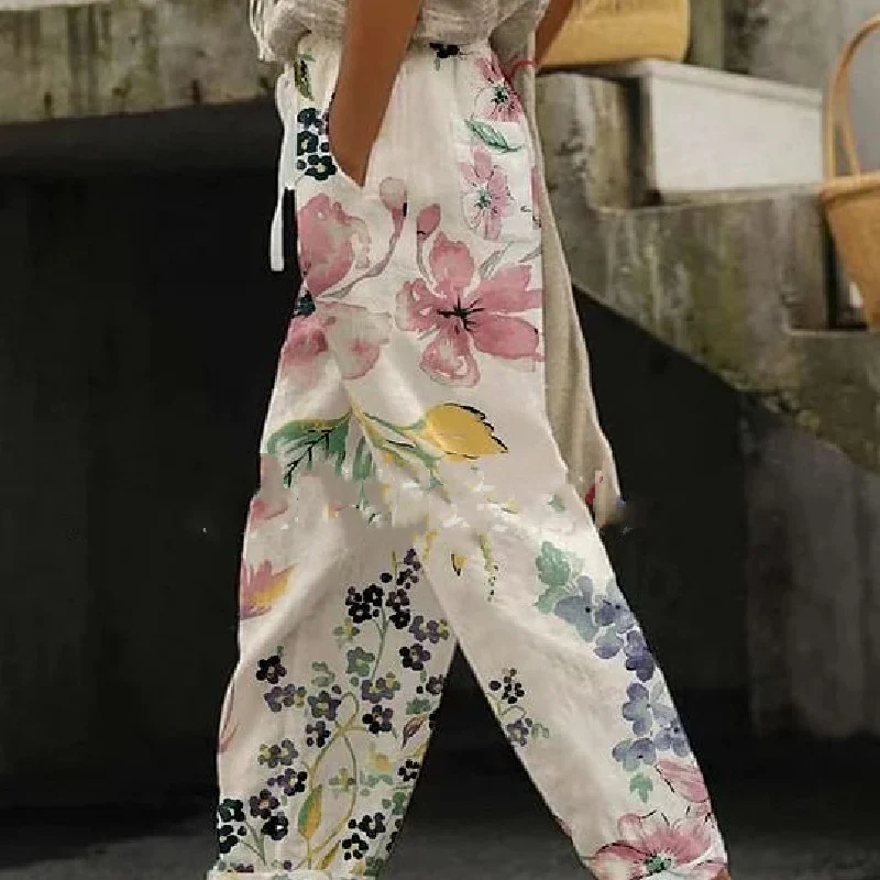 Pantalon femme taille élastique amincissant imprimé numérique, polyvalent, pour un look élégant et confortable. S'adapte à toutes les occasions.
