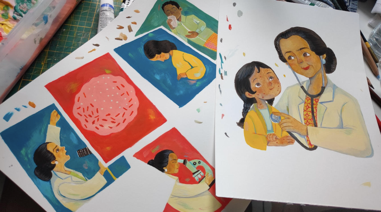Pieces of paper with color paintings of Dr. Sulianti in multiple science-related scenes
