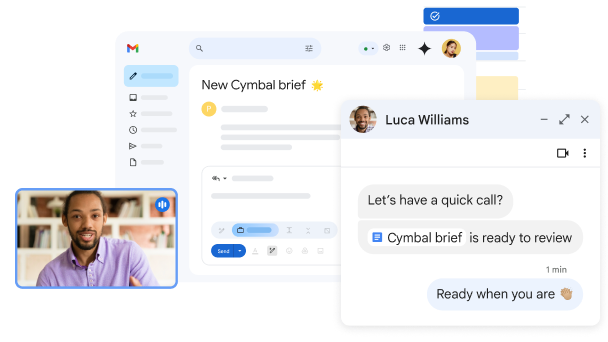 Integrações dos recursos Google Chat, Agenda e Meet exibidas no Gmail.