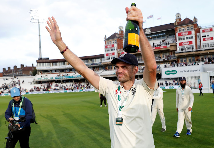 England's James Anderson celebrates after the fifth and final Test match against India at The Kia Oval in London on September 11, 2018. England won the series 4-1.