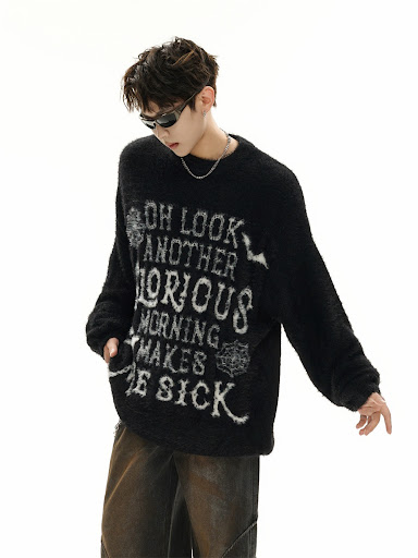 Title 14, Dark High Street Letter Jacquard Round Neck Swe...