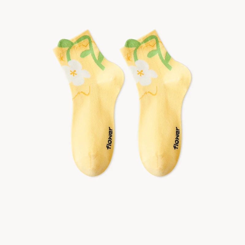 Calcetines de algodón con flor de tulipán tridimensional y hoja de rama corta simple para mujer