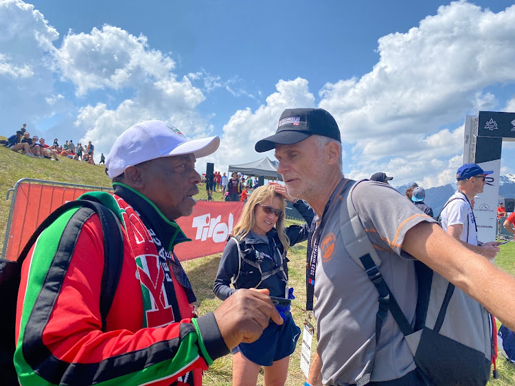 Athletics Kenya Mountain running chairman Peter Angwenyi with World Mountain Running Association President Tomo Sarf