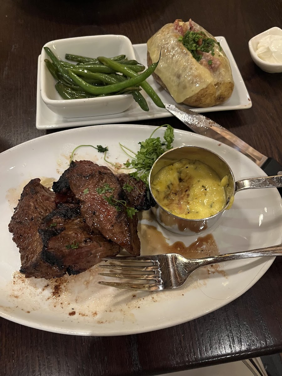 Steak tips, Bernese, loaded baked potato, and green beans