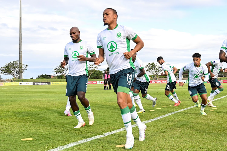 AmaZulu's Riaan Hanamub (right) and Tercious Malepe warm up ahead of a DStv Premiership against Golden Arrows at Princess Magogo Stadium on May 13 2023.