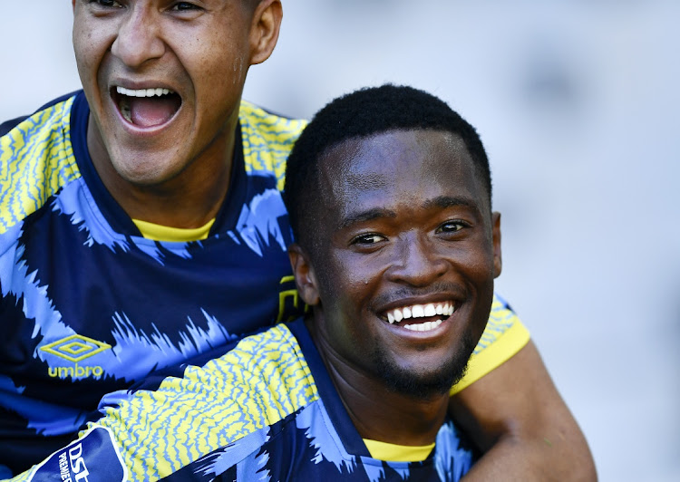 Relebogile Mokhuoane celebrates scoring Cape Town City's opening goal in their DStv Premiership win against Cape Town Spurs at Cape Town Stadium on Sunday.