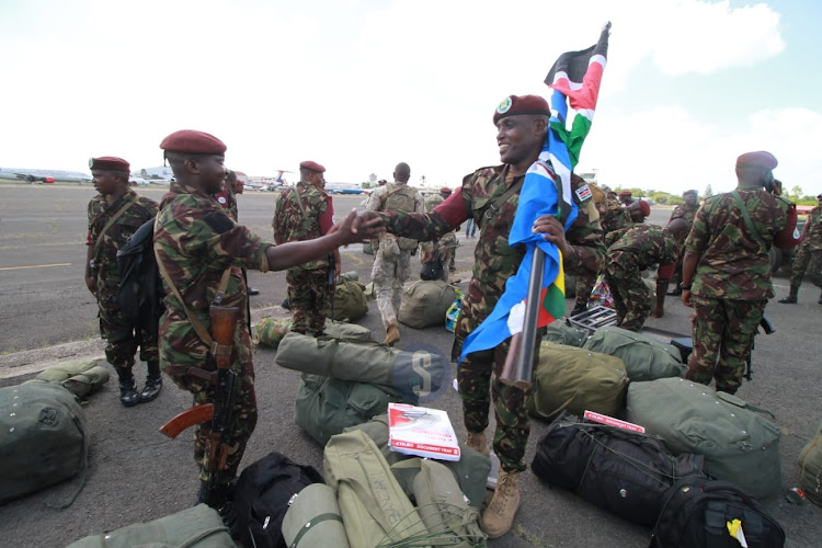 KDF troop from the Democratic Republic of Congo after they arrived at the Embakasi Garrison in Nairobi on December 21, 2023.