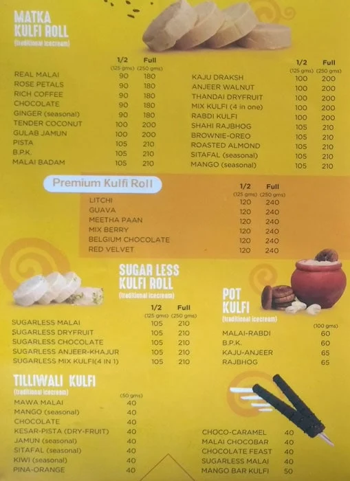 Asharfi Kulfi menu 