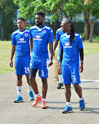 Sipho Mbule, Tefu Mashamaite and Reneilwe Letsholonyane of Supersport United during the CAF Confederations Cup Supersport United media day at Megawatt Park, Johannesburg on 22 November 2017.