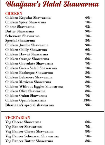 Bhaijaans Halal Shawarma menu 