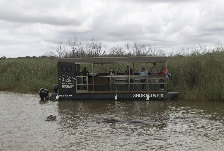 Visitors watch hippos at Lake St Lucia.