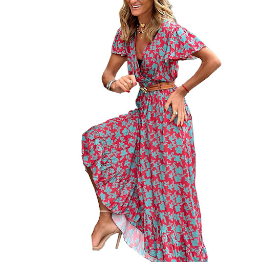 Title 7, Fashion Printed V-neck Casual Irregular Dress