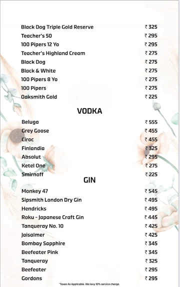 Orale Sky Bar menu 