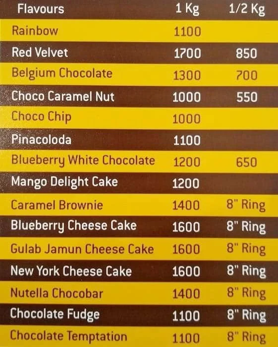 CakeBee menu 