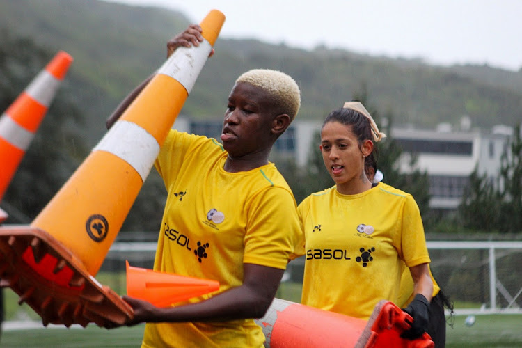 Banyana Banyana players Sibulele Holweni and Robyn Moodaly during a training session in Wellington, New Zealand, ahead of their final 2023 Women's World Cup warm-up match against Costa Rica in Christchurch.