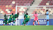 Richard Mbulu of Baroka celebrates goal with teammates during the DStv Premiership 2020/21 match between Baroka FC and Chippa United at Peter Mokaba Stadium, Polokwane.