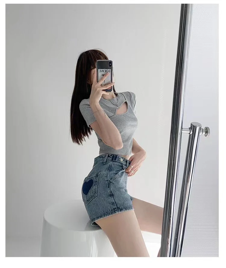 Retro Ins Street Love szorty jeansowe A-line dla kobiet - stylowe szorty idealne na lato, podkreślające figurę i dodające uroku.