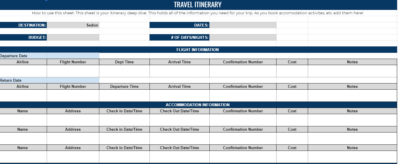 Travel itinerary spreadsheet